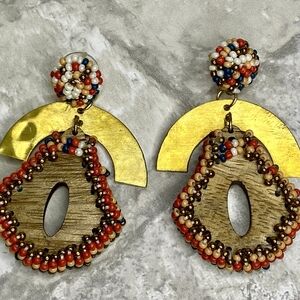 Beaded Multicolor Wood & Gold Statement Earrings